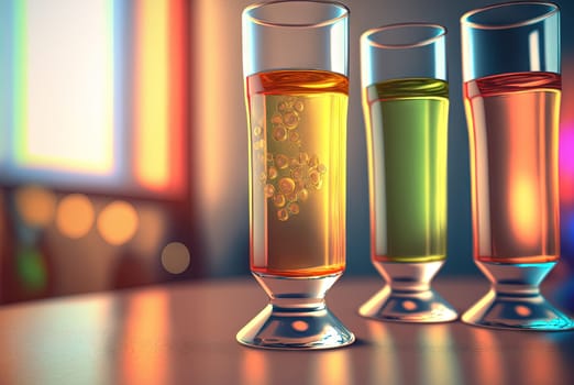 Club cocktails on the table with light. Colorful juicy drinks in glasses. Generated AI