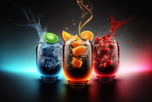 Club cocktails on the table with light. Colorful juicy drinks in glasses. Generated AI