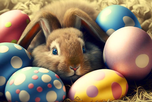 Easter rabbit with colorful holiday eggs. Cute fluffy bunny celebrating spring holiday. Generated AI