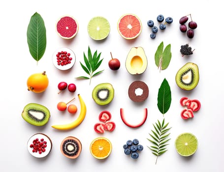 Assorted fruits set on white background. Fresh and juicy, sweet fantasy fruits. Generated AI