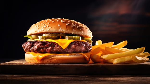 Juicy tasty hamburger on the table. Fast food image of a burger with grilled meat. Generated AI