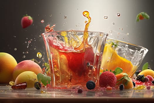 Glass of juice with fruits and berries on the table. Drink splash of sweet organic cocktail. Generated AI