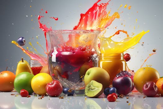 Glass of juice with fruits and berries on the table. Drink splash of sweet organic cocktail. Generated AI