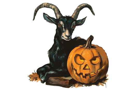 A goat is sitting on a log next to a pumpkin. The goat has horns and is looking at the pumpkin