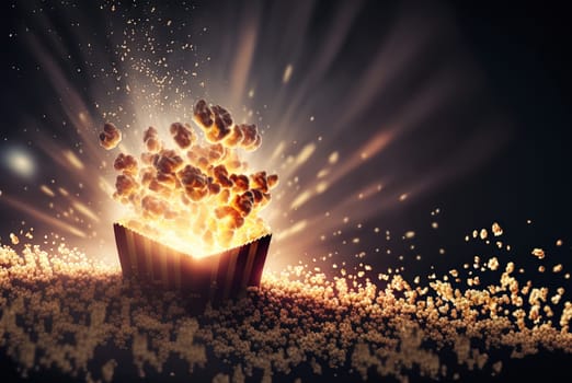 A box of popcorn. Movie theater themed popcorb package. Generative AI