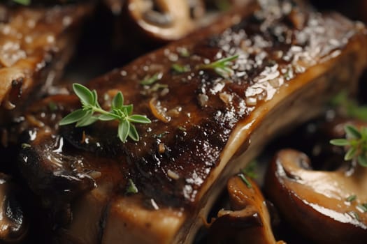 Juicy ribs barbeque served with green spices. Summer BBQ meal with tasty fresh meat on the rib bones. Generated AI