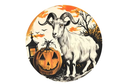 A goat is sitting on a log next to a pumpkin. The goat has horns and is looking at the pumpkin