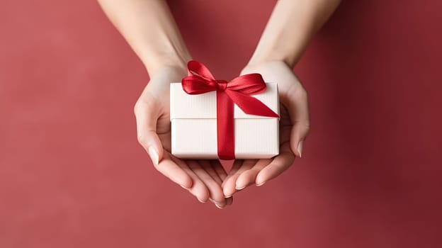 Woman hands holding the gift, presenting the box with bow. Generated AI