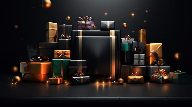 Compostion of gift boxes with ribbons for holiday sale event. Generated AI