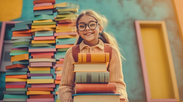 Cute girl with glasses sitting surrounded by the books. Books around the schoolgirl in colorful scene. Generated AI