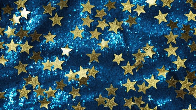 Abstract shiny background with blue and golden glitter. Scattered confetti sparkles with shiny gold and blue color. Generated AI
