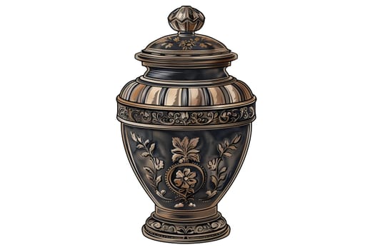 A vase with a floral design sits. The urn with ashes cut out