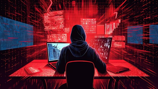 Man sitting with laptop in the secret laboratory. Hacker sending the virus. Generated AI