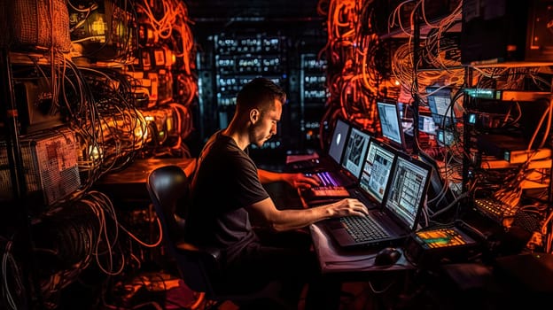 Man sitting with laptop in the secret laboratory. Hacker sending the virus. Generated AI
