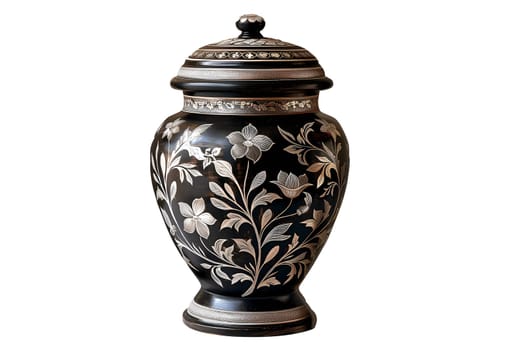 A vase with a floral design sits. The urn with ashes cut out