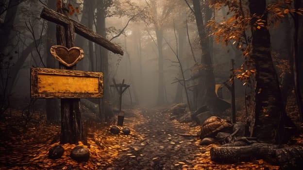 Signboard at the enty of dark fairytale village in Halloween style. Generated AI