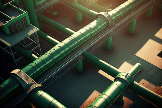 Background with shiny factory pipes. Industrial pipeline communications, technology abstract. Generated AI