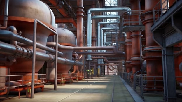 Industrial plant background with shiny pipes. Generated AI