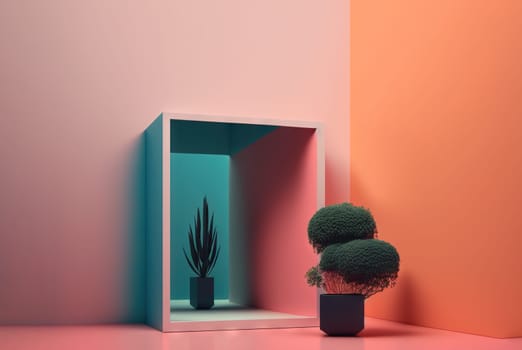 Abstract colorful interior with plants and minimalistic decorations. Vivid colored architectural background. Generated AI