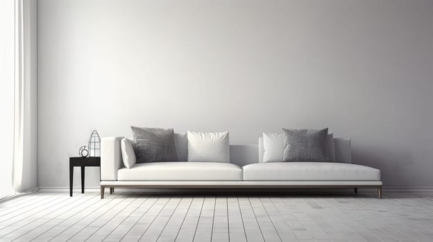 Interior with sofa in modern design. Wide couch in the contemporary room. Generated AI