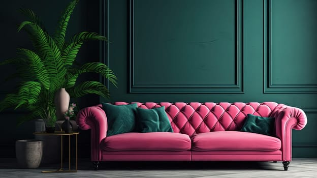 Interior with sofa in green and pink colors. Stylish contrasting colorful room with couch. Generated AI