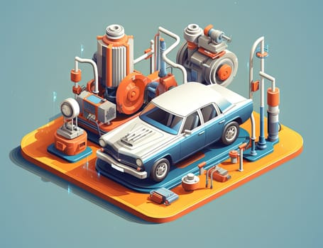 Isometric retro car travelling with elements of environment. Generated AI