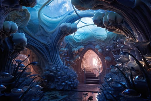 Surreal sci-fi interior of grown house. Bio technology science fiction room. Generated AI