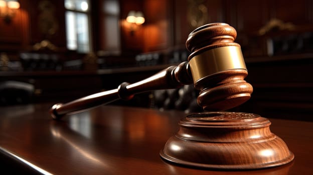 Judge hammer in the court room. Wooden gavel as a symbol of justice. Generated AI