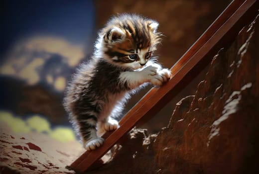 Curious kitten climbing the ladder in the mountains. Cute tiny cat on the stairway. Generated AI