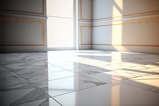 Abstract marble room with shiny lights. Interior view with marble background and scenic lightning. Generated AI