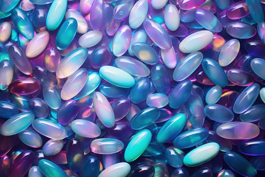 Background with pills and capsules in neon blue and purple colors. Medical drug or dietary supplement concept. Generated AI