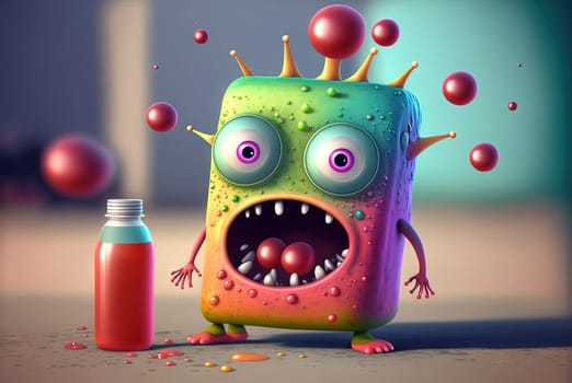 Funny monster juice. Cute glass of juice character with splashing fresh beverage. Generated AI
