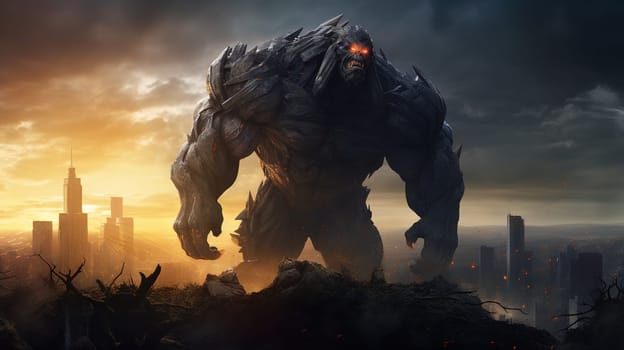 Giant monster over the destroyed city. Mythical giant attack. Generated AI