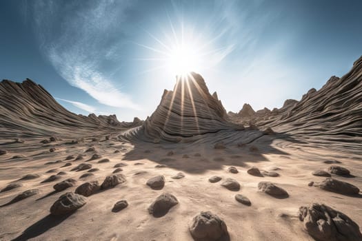 Surreal rock vortex formation. Fictional coiled stones in the desert mountains. Generated AI