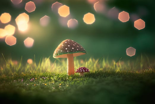 Mystery mushroom on the bump. Fairytale background with mystic mushroom. Generated AI