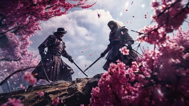 Duel of samurai warriors with swords in the garden of sakura blossom. Generated AI