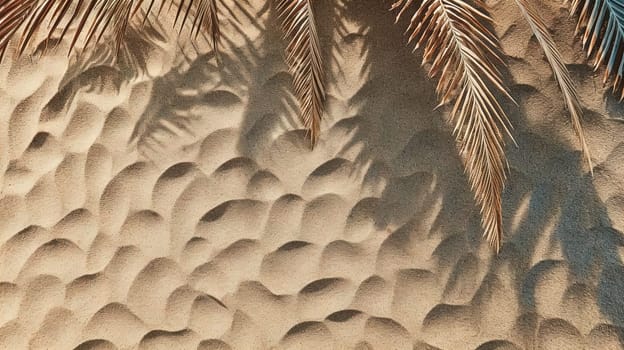 Plam leaves on the tropical beach sand background. Vacation and relaxation concept with dry palm leaves on the hot summer beach. Generated AI