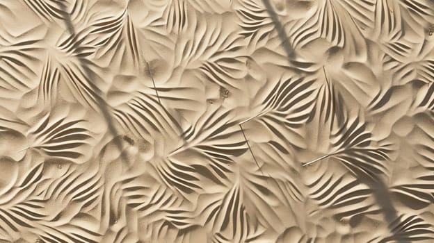Plam leaves on the tropical beach sand background. Vacation and relaxation concept with dry palm leaves on the hot summer beach. Generated AI