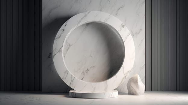 Abstract ancient pedestal in minimalistic room. Interior with sone podium. Generated AI
