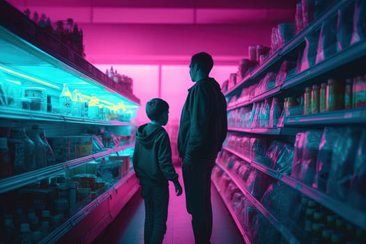 Family of father and son looking cool in 80s styled synthwave store. People in supermarket. Generated AI