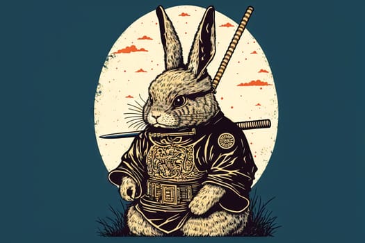 Rabbit samurai in traditional drawing style. Japanese styled art with hare in kimono