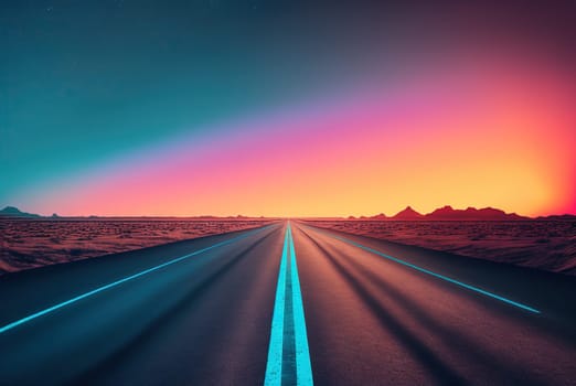 Road to the horizon concept with synthwave colors. Abstract background with surreal night way in 80s style. Generated AI