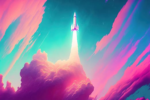 Rocket launch in the clouds and flames. Space ship taking off, starting the flight. Generative AI