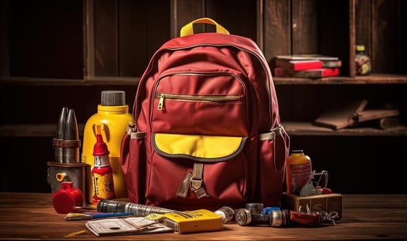 School backpack with colorful learning supplies. Back to school concept. Generated AI