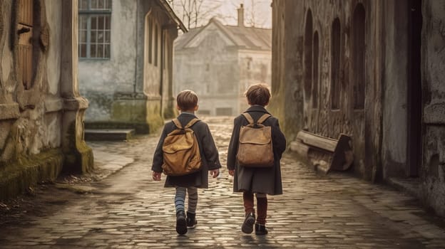 Children walking back home from school with backpacks. Generated AI