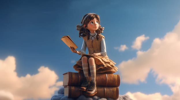 Schoolgirl reads the book in the sky, flying in her dreams and fantasies. Learning concept with little girl in the world of education. Generated AI