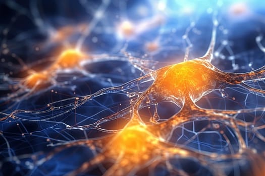 Science and medicine abstraction with neurons transmitting synapse signal. Neural system with impulse going through nerve cell. Generated AI