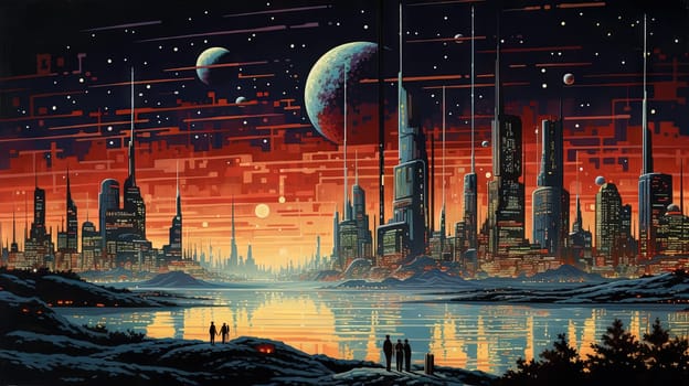 Retro futuristic city in the old school sci-fi art scene. Retro space landscape with city. Generated AI