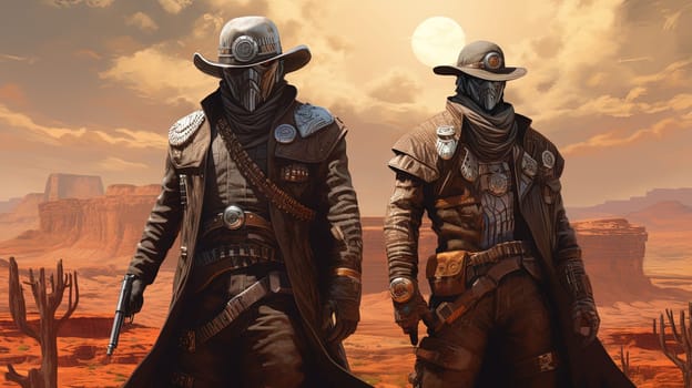 Space cowboys in sci-fi western scene. Sci-fi warriors of the wasteland. Generated AI