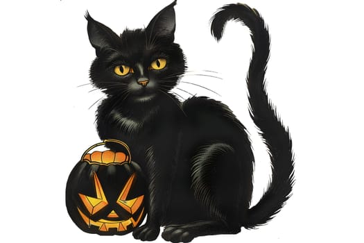 Vintage illustration of a Black cat sitting next to a pumpkin on Halloween